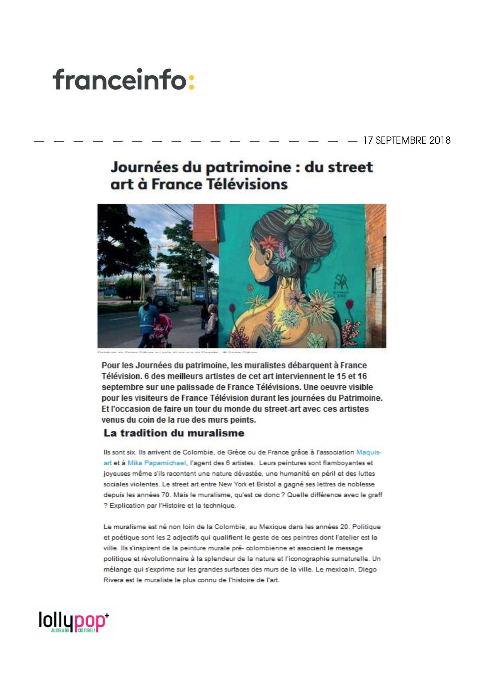 Journées du patrimoine : du street art à France Télévisions (France Info) – 18 septembre 2018