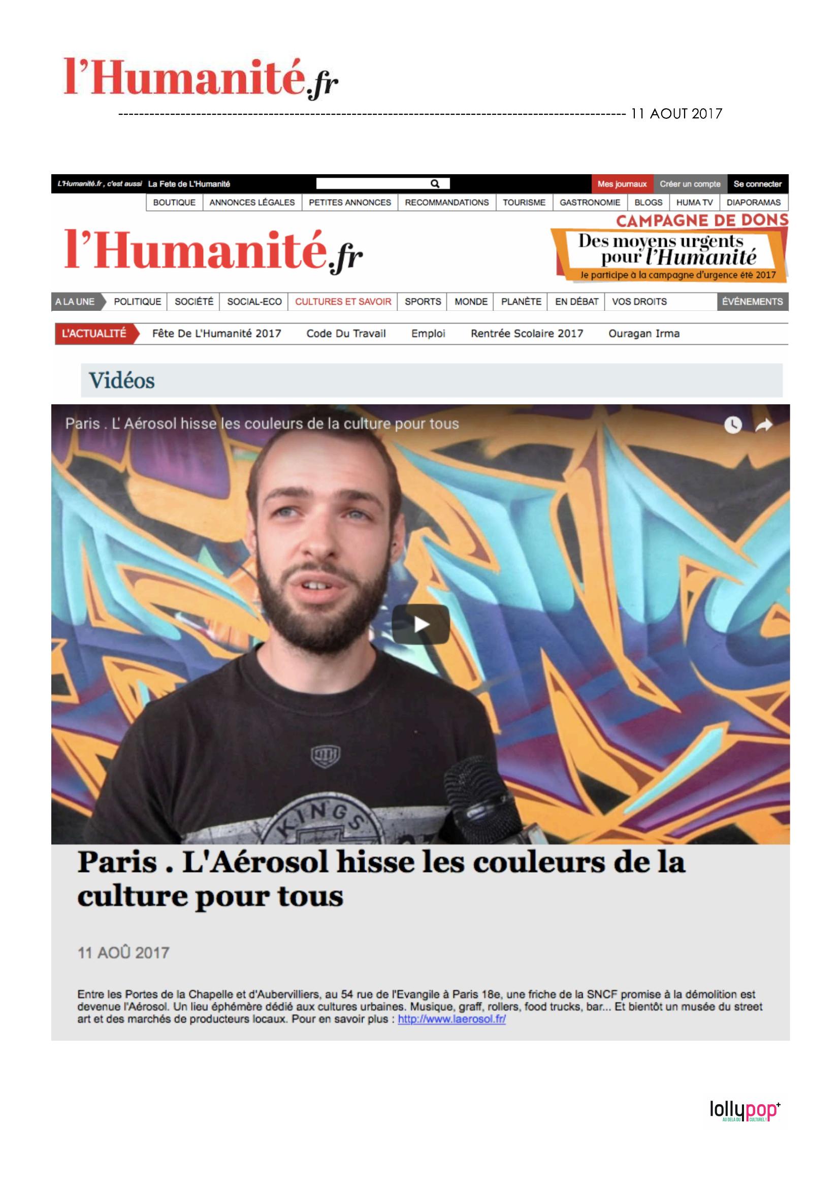 L'Aérosol hisse les couleurs de la culture pour tous (L'Humanité) – 12 août 2017