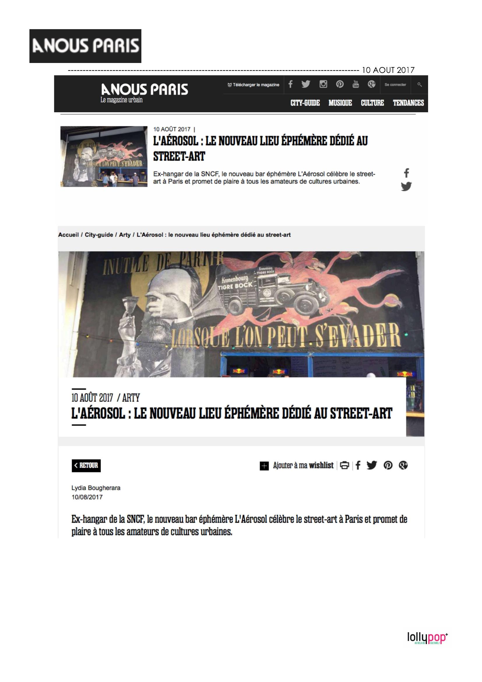 L'Aérosol : le nouveau lieu éphémère dédié au street-art (A Nous Paris) – 11 août 2017