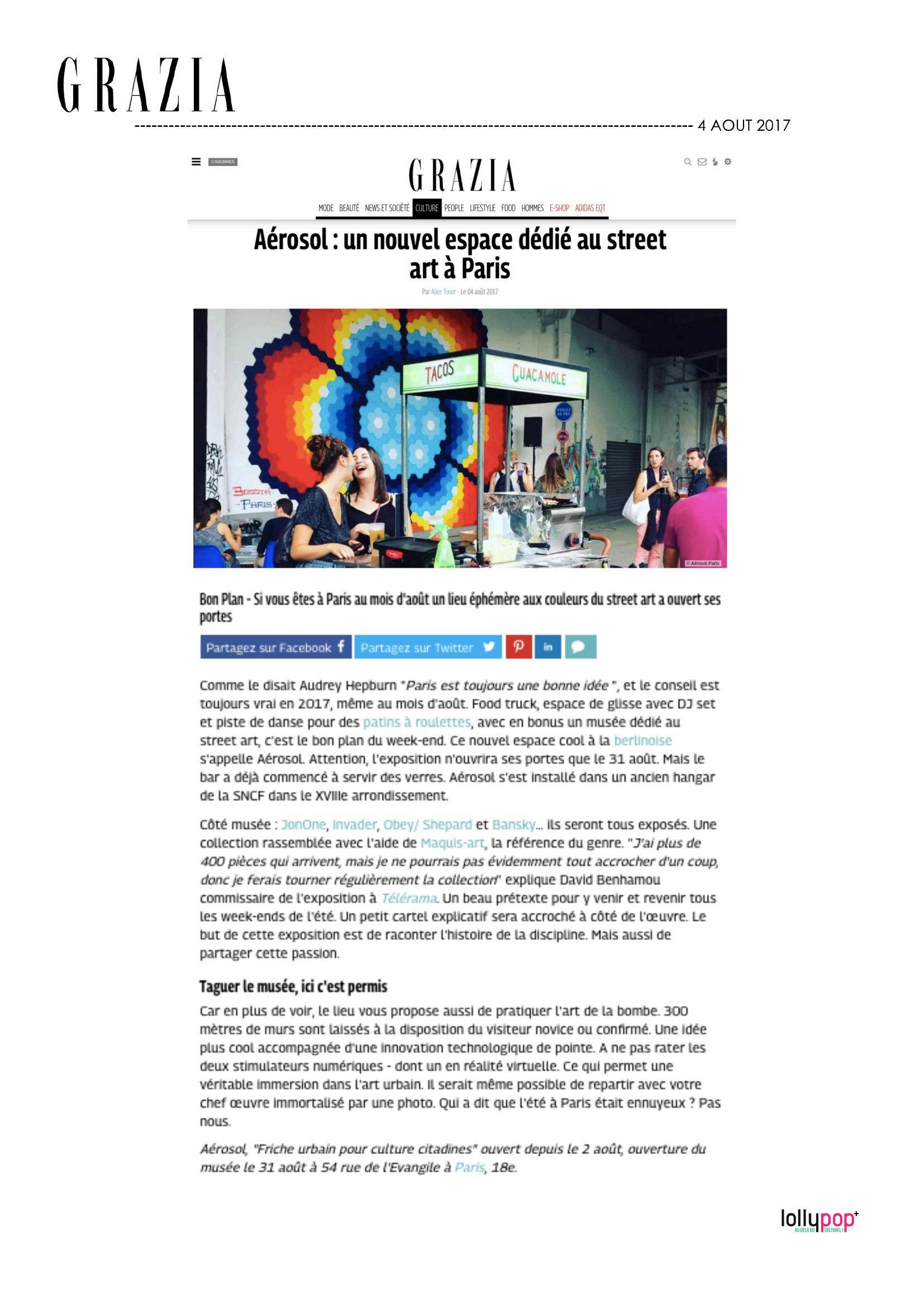 Aérosol : un nouvel espace dédié au street art à Paris (Grazia) – 5 août 2017