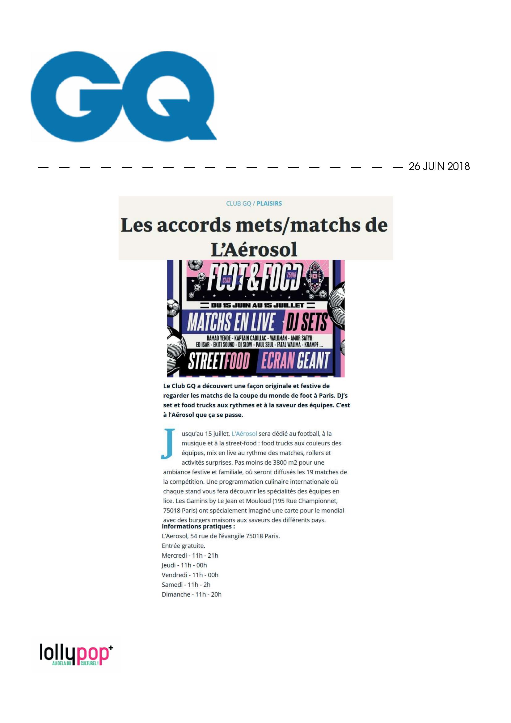 Les accords mets/matchs de L'Aérosol (GQ) – 27 juin 2018