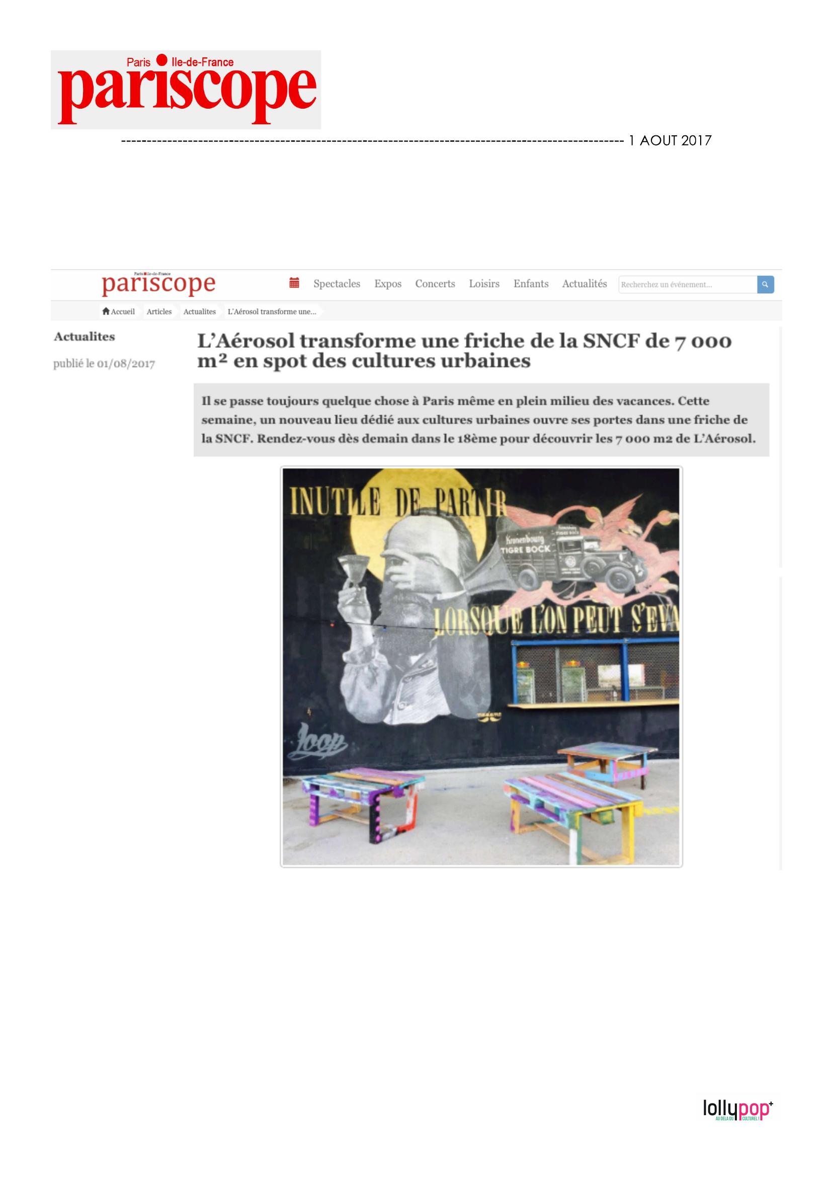 L'Aérosol transforme une friche de la SNCF de 7000m² en spot des cultures urbaines (Pariscope) – 2 août 2017