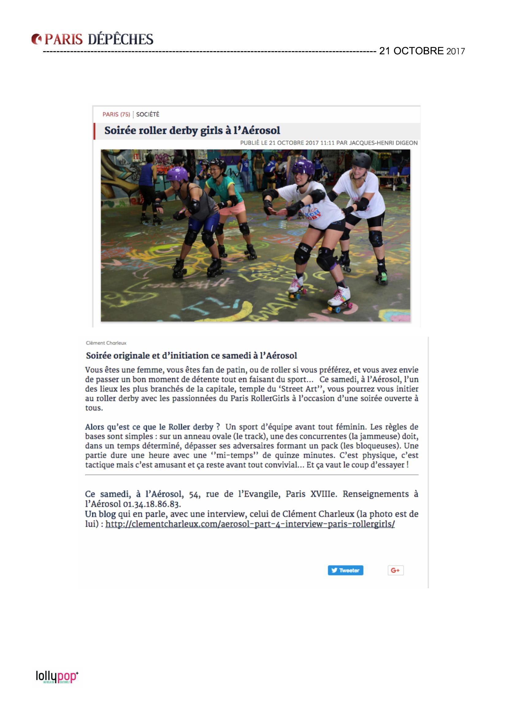 Soirée roller derby girls à L'Aérosol (Paris Dépêches) – 22 octobre 2017