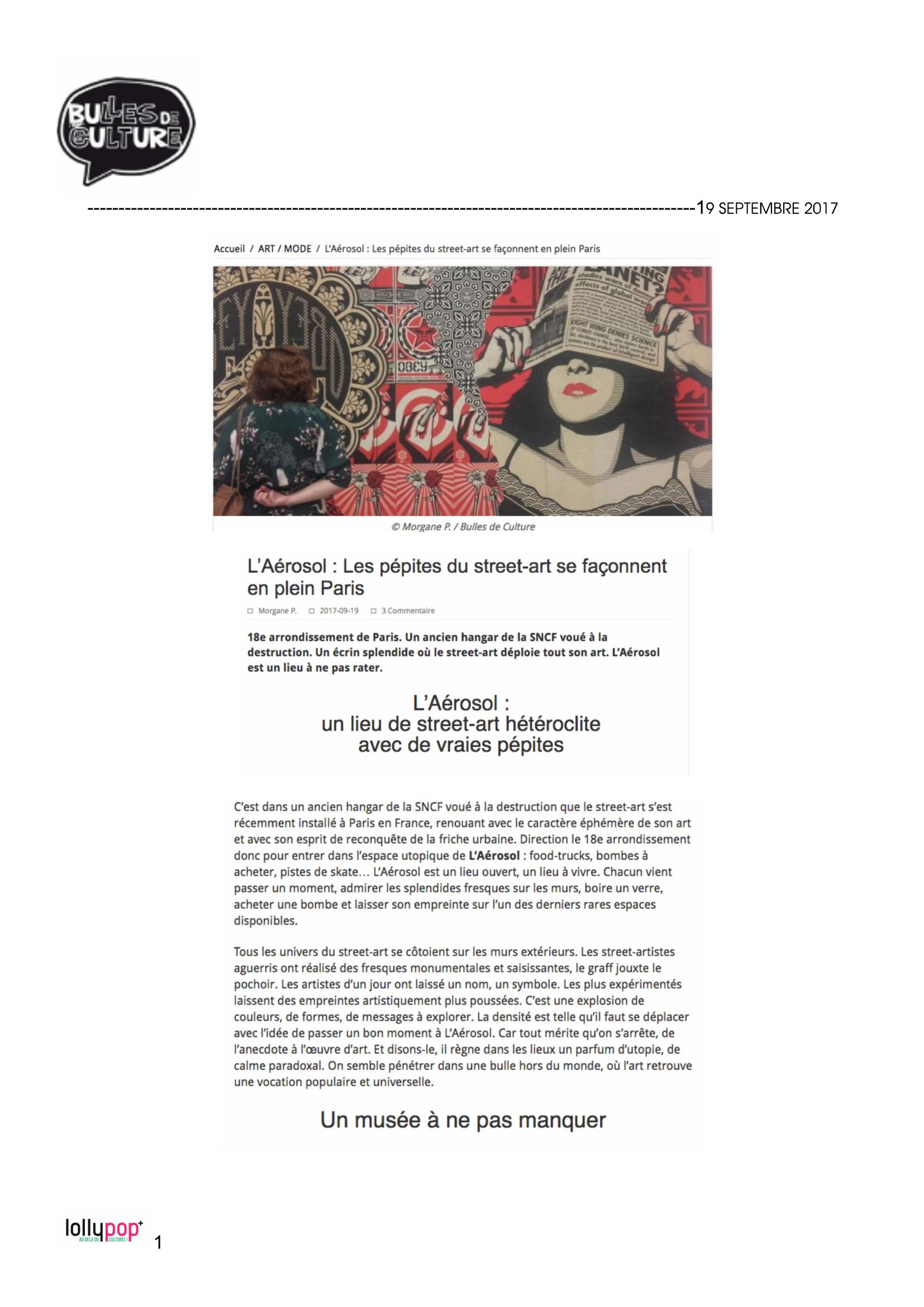 L'Aérosol : Les pépites du street-art se façonnent en plein Paris (Bulles de Culture) – 20 septembre 2017