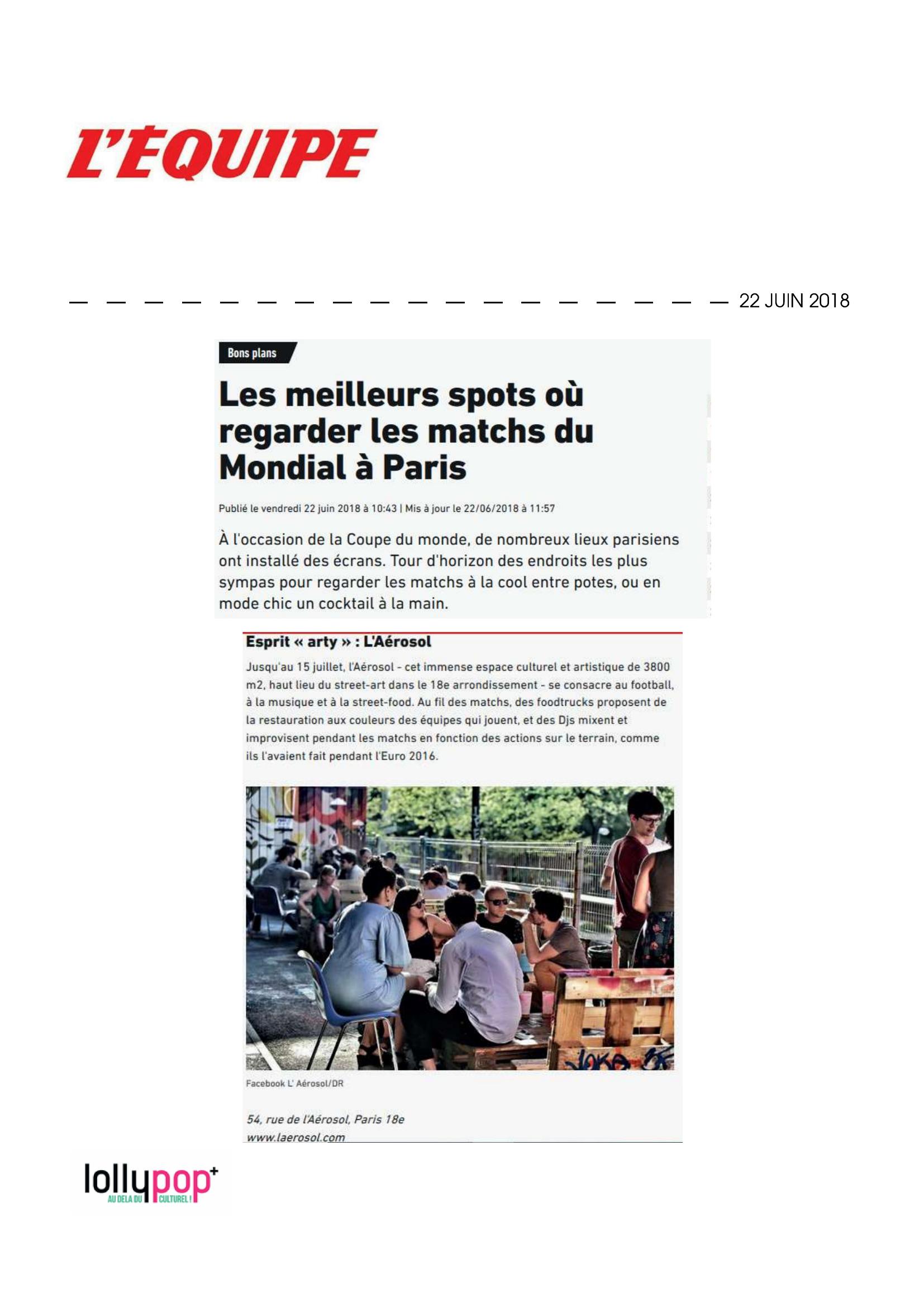 Les meilleurs spots où regarder les matchs du Mondial à Paris (L'Equipe) – 23 juin 2018