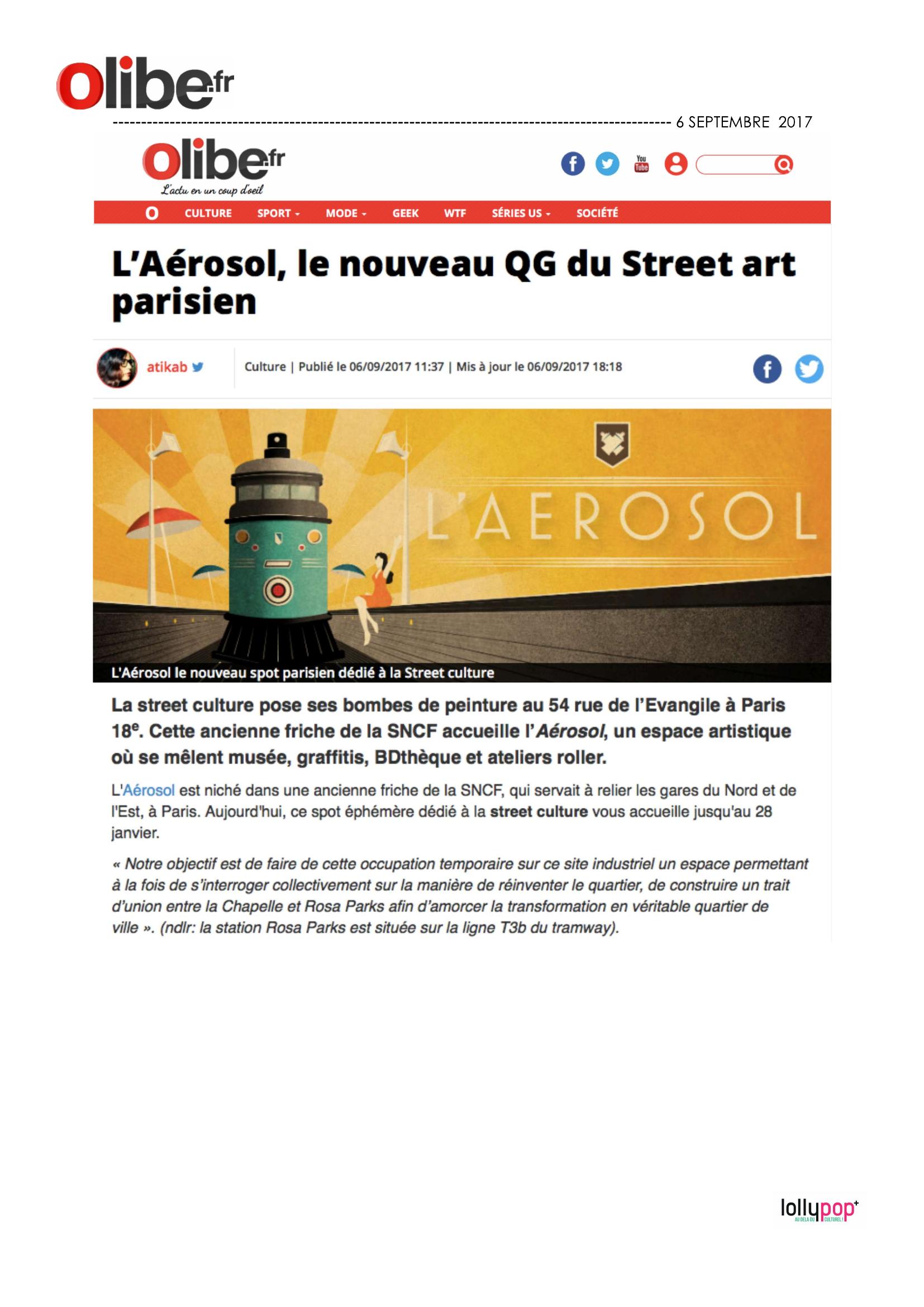 L'Aérosol, le nouveau QG du street art parisien (OLIBE.FR) – 7 septembre 2017