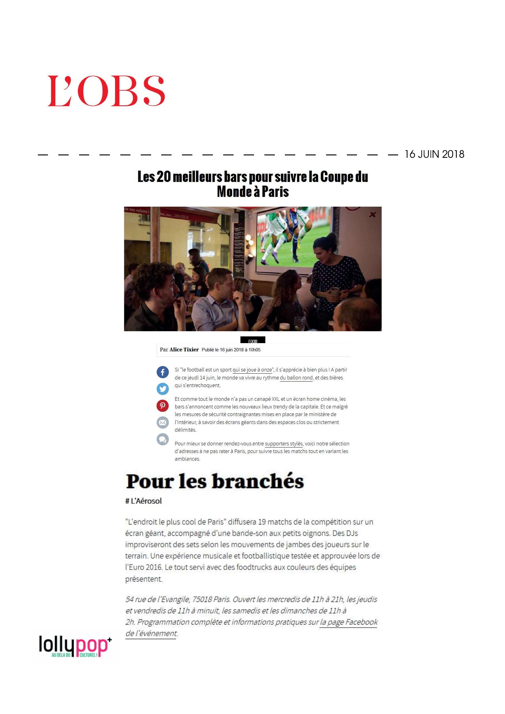 Les 20 meilleurs bars pour suivre la Coup du Monde à Paris (L'OBS) – 17 juin 2018