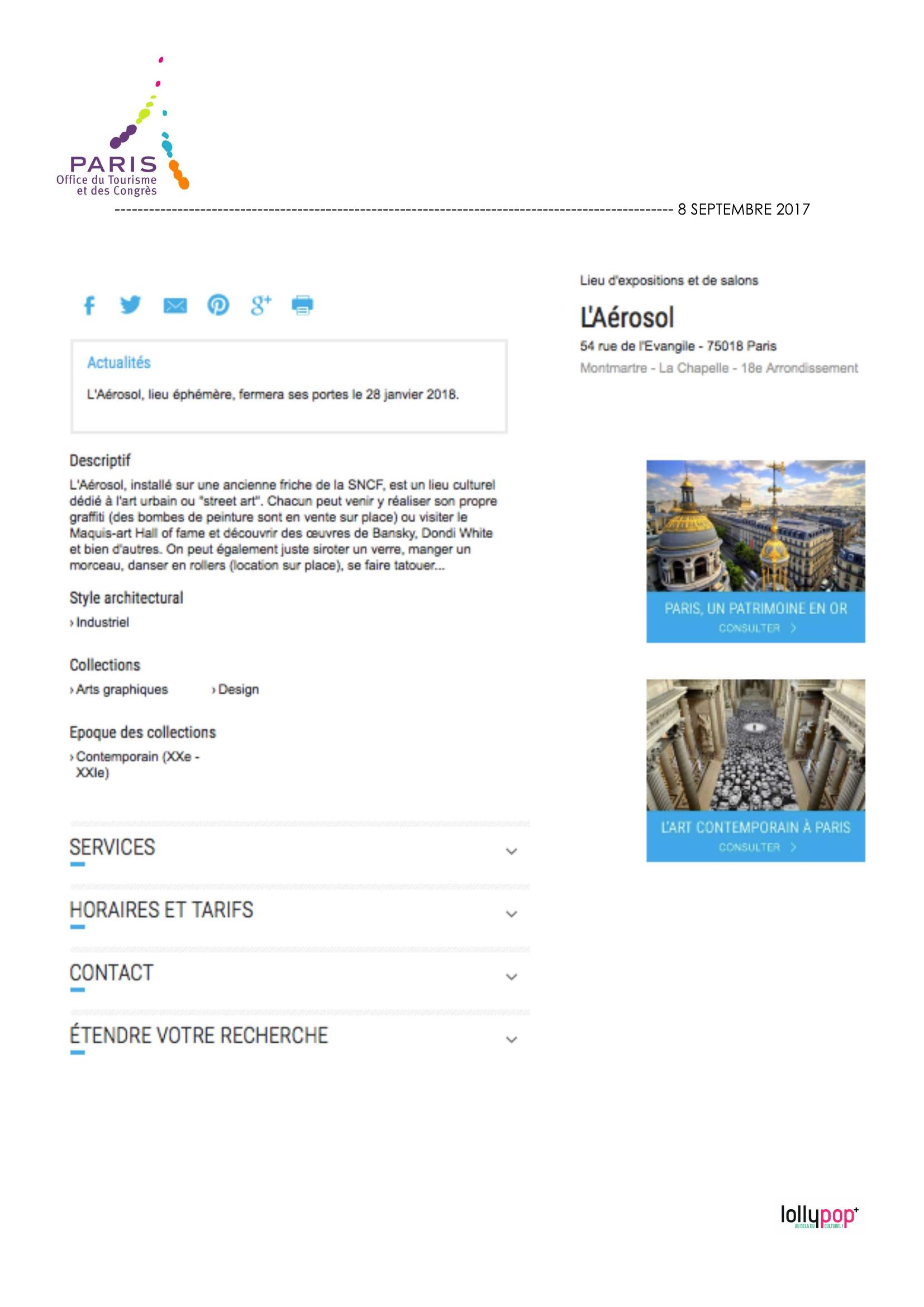 Lieu d'expositions et de salons : L'Aérosol (Office de tourisme de Paris) – 9 septembre 2017
