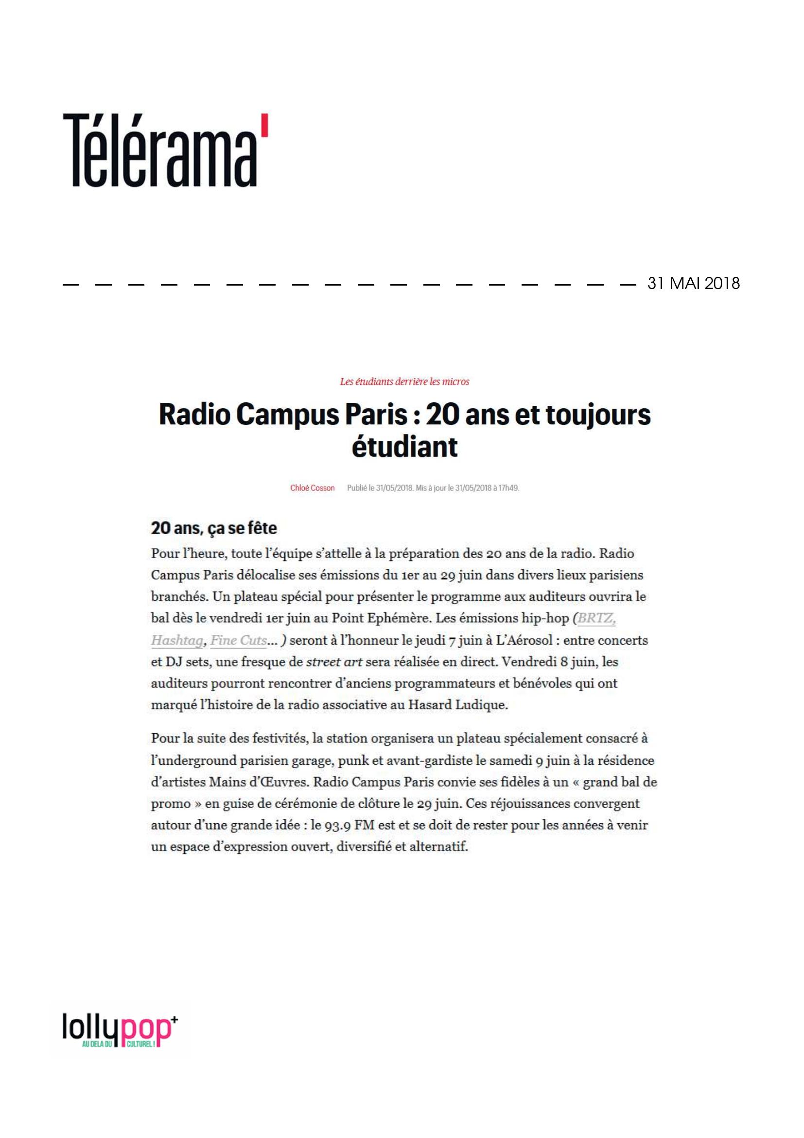 Radio Campus Paris : 20 ans et toujours étudiant (Télérama) – 1 juin 2018