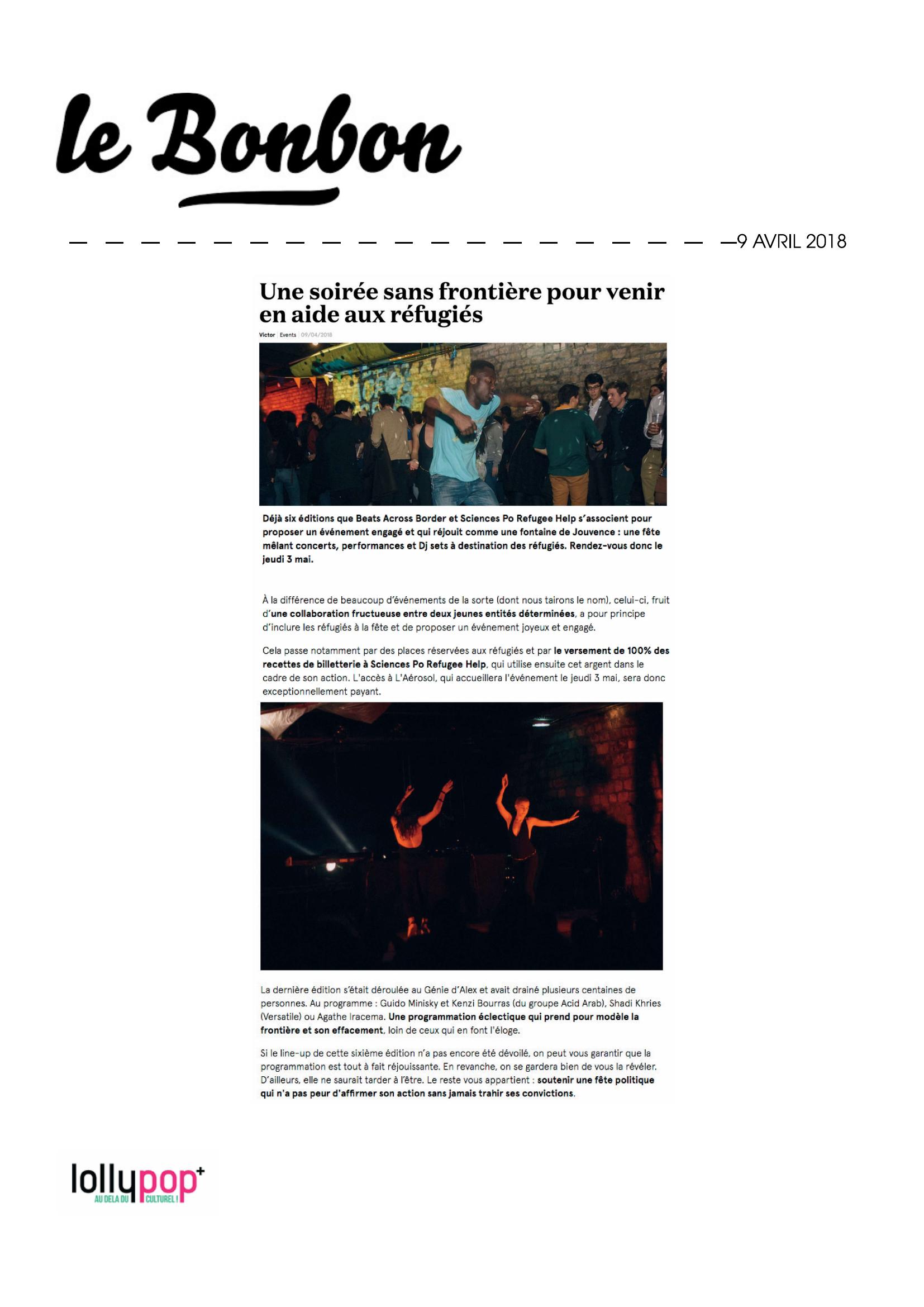 Une soirée sans frontière pour venir en aide aux réfugiés (Le Bonbon) – 10 avril 2018