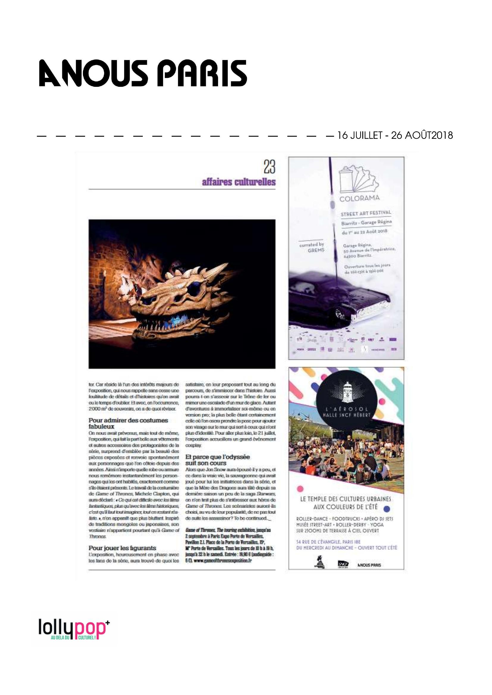 Publicité Affaires culturelles (A Nous Paris) – 26 août 2018