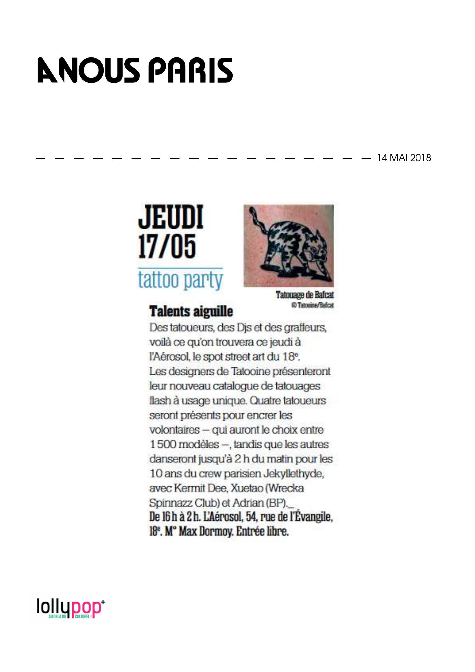 Tattoo Party : Talents Aiguilles (A Nous Paris) – 15 mai 2018