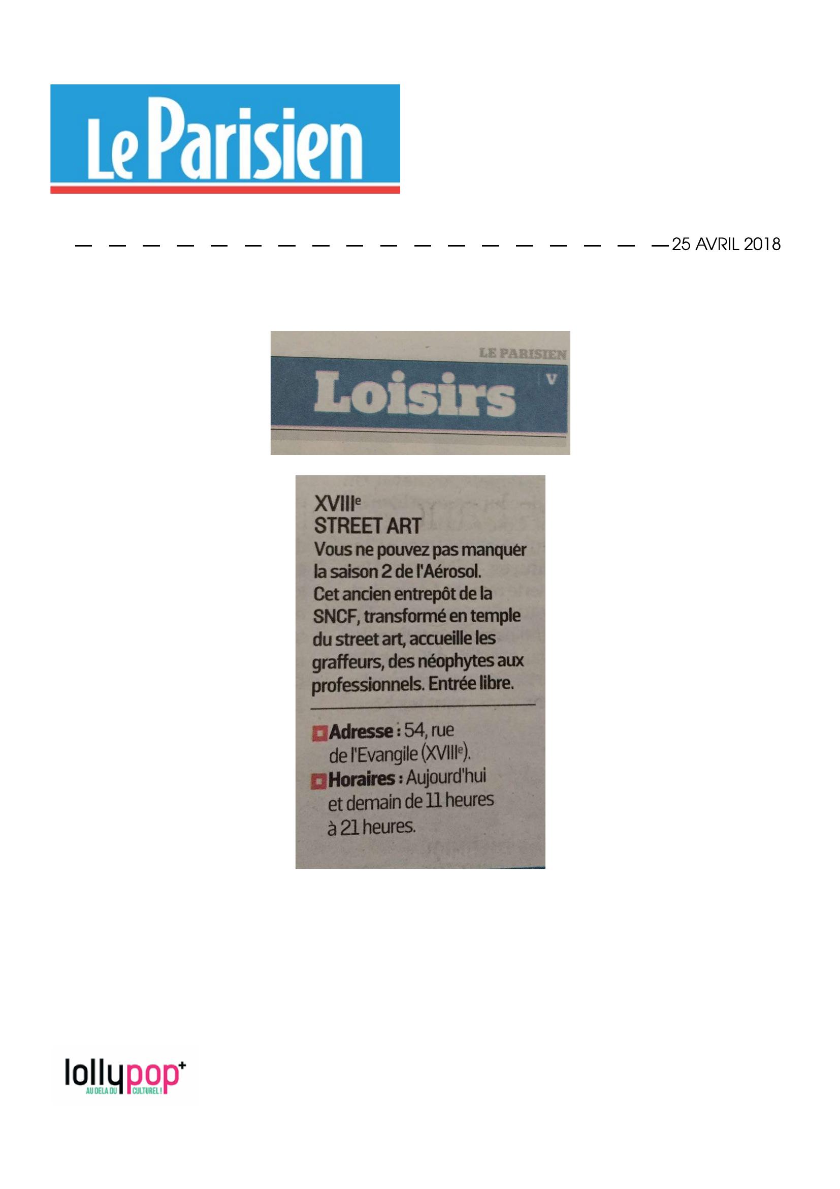 Loisir : XVIIIe Street Art (Le Parisien) – 26 avril 2018