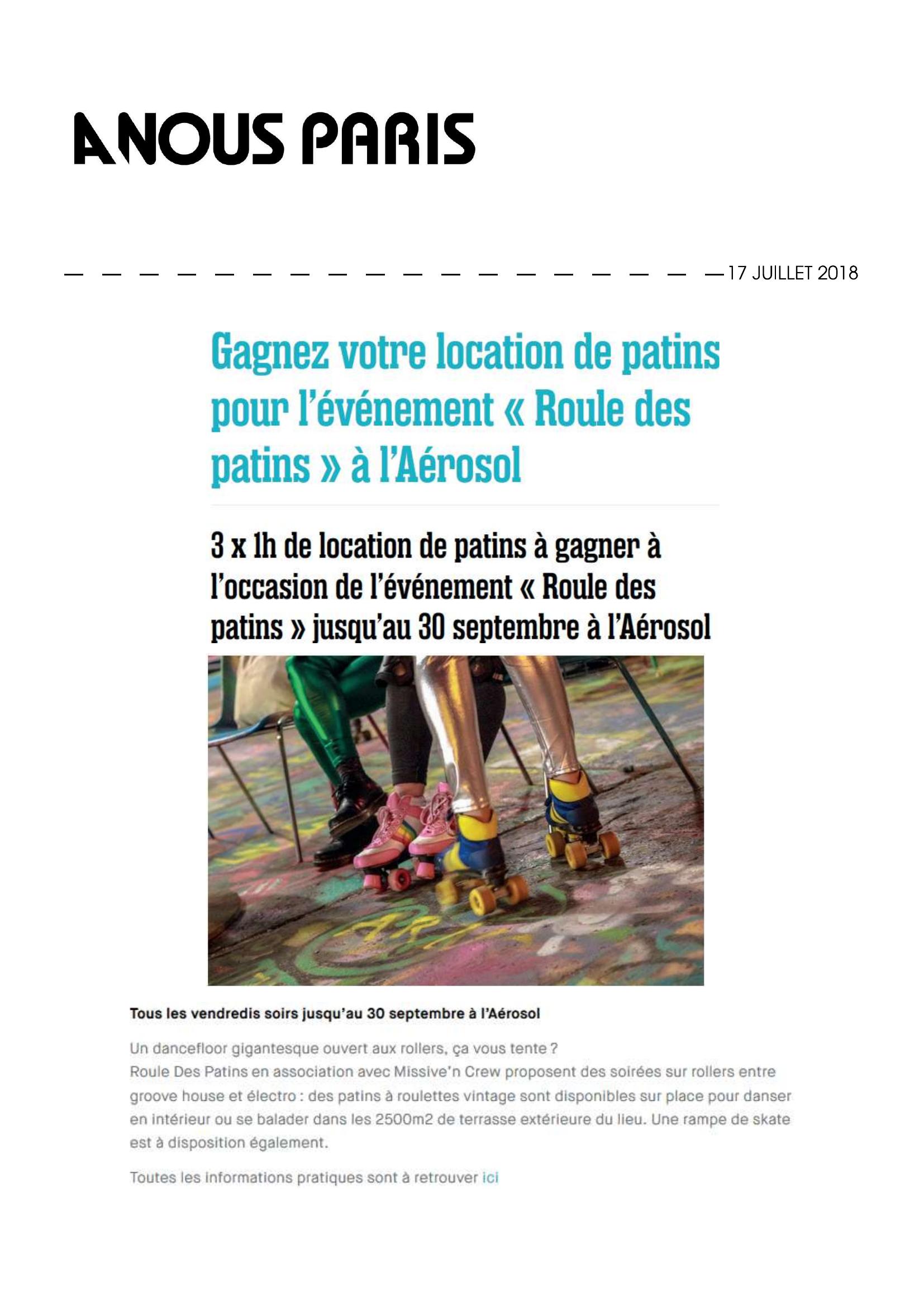 Gagnez votre location de patins pour l'événement "Roule des patins" à L'Aérosol (A nous Paris) – 18 septembre 2018