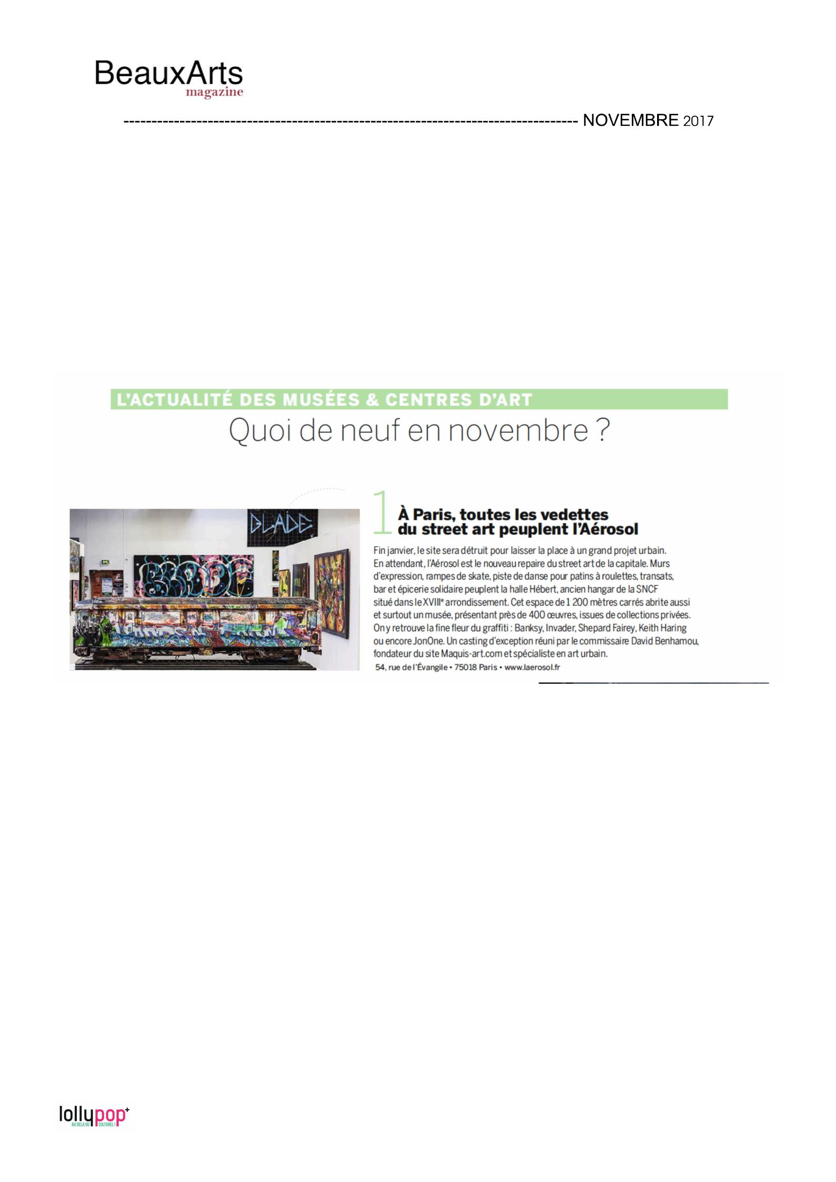 A Paris, toutes les vedettes du street-art peuplent L'Aérosol (BeauxArts Magazine) – 2 novembre 2017