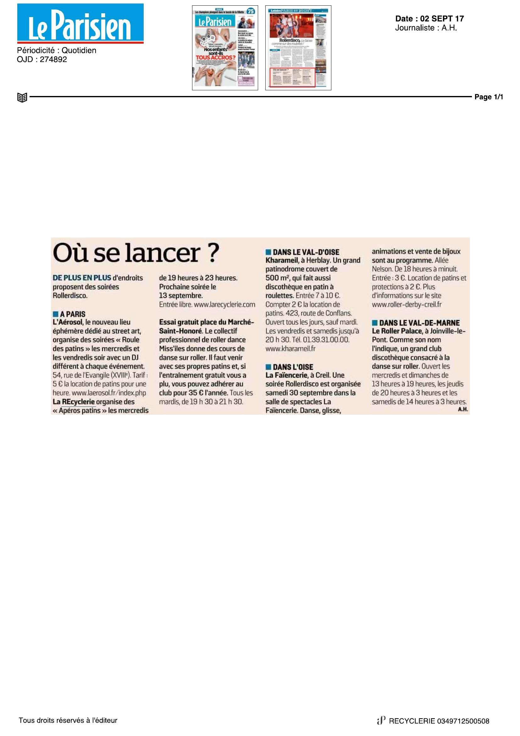 A Paris, L'Aérosol : de plus en plus d'endroits proposent des soirée RollerDisco (Le Parisien) – 21 septembre 2017