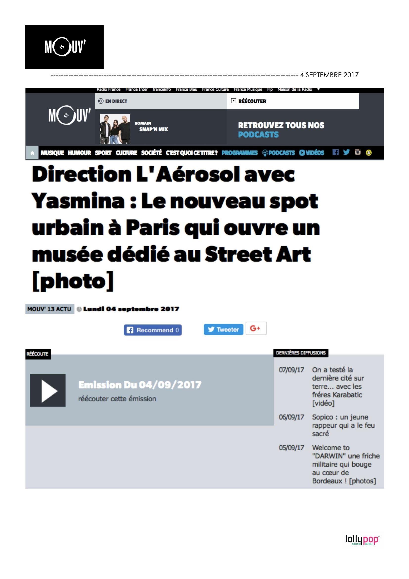 Direction L'Aérosol avec Yasmina : le nouveau sport urbain à Paris qui ouvre un musée dédié au street art (MOUV') – 5 septembre 2017