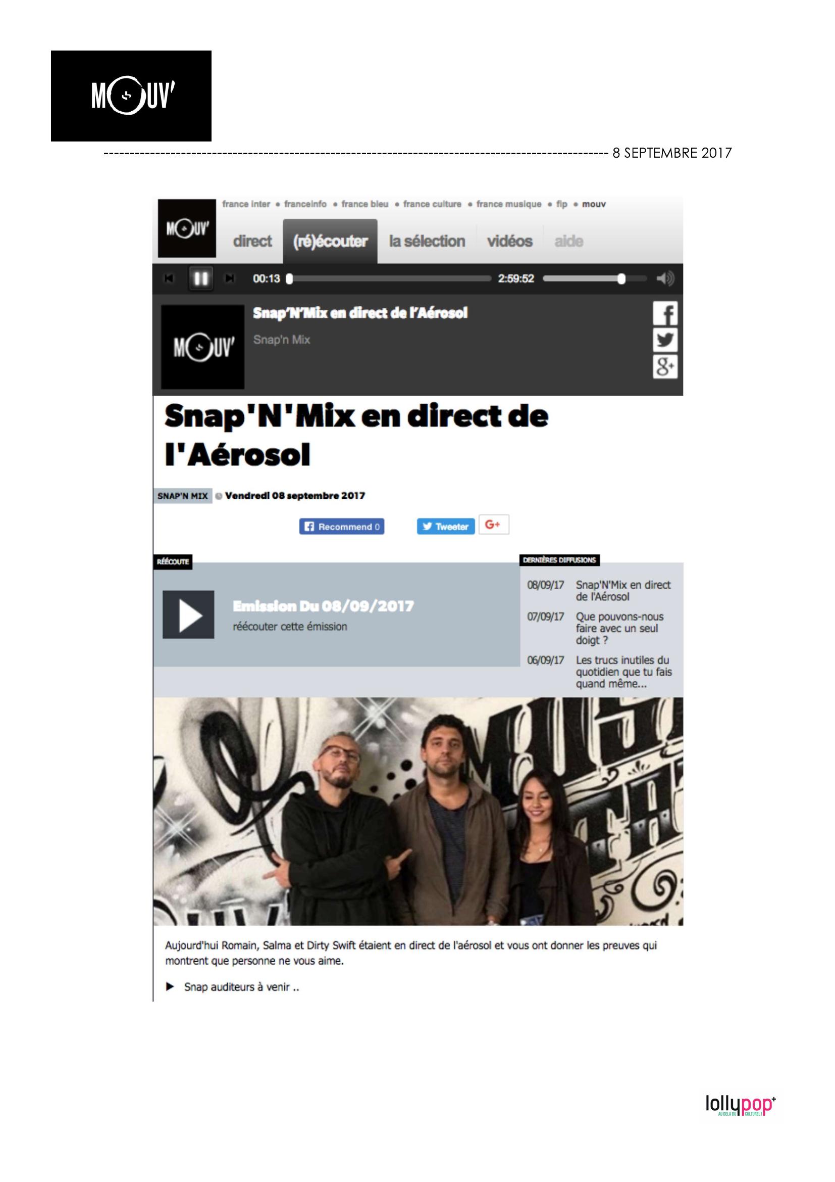 Snap'N'Mix en direct de l'Aérosol (MOUV') – 9 septembre 2017