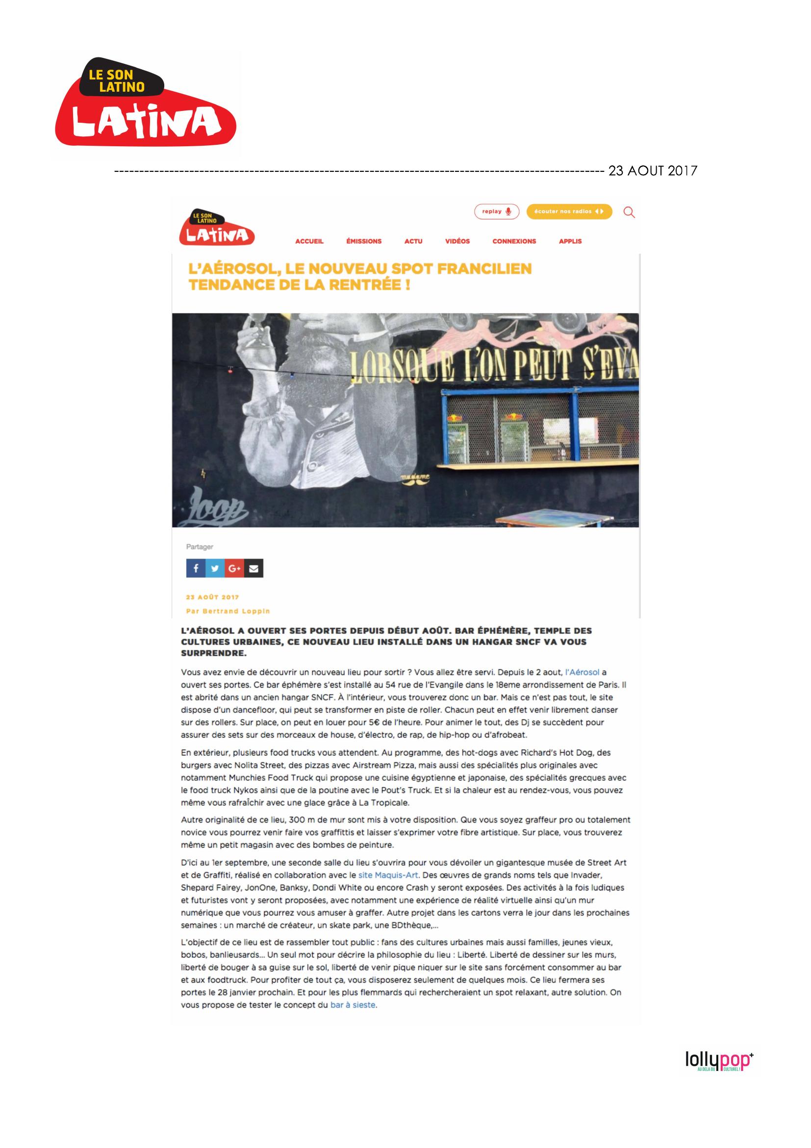 L'Aérosol, le nouveau spot francilien tendance de la rentrée !  (Latina) – 24 août 2017