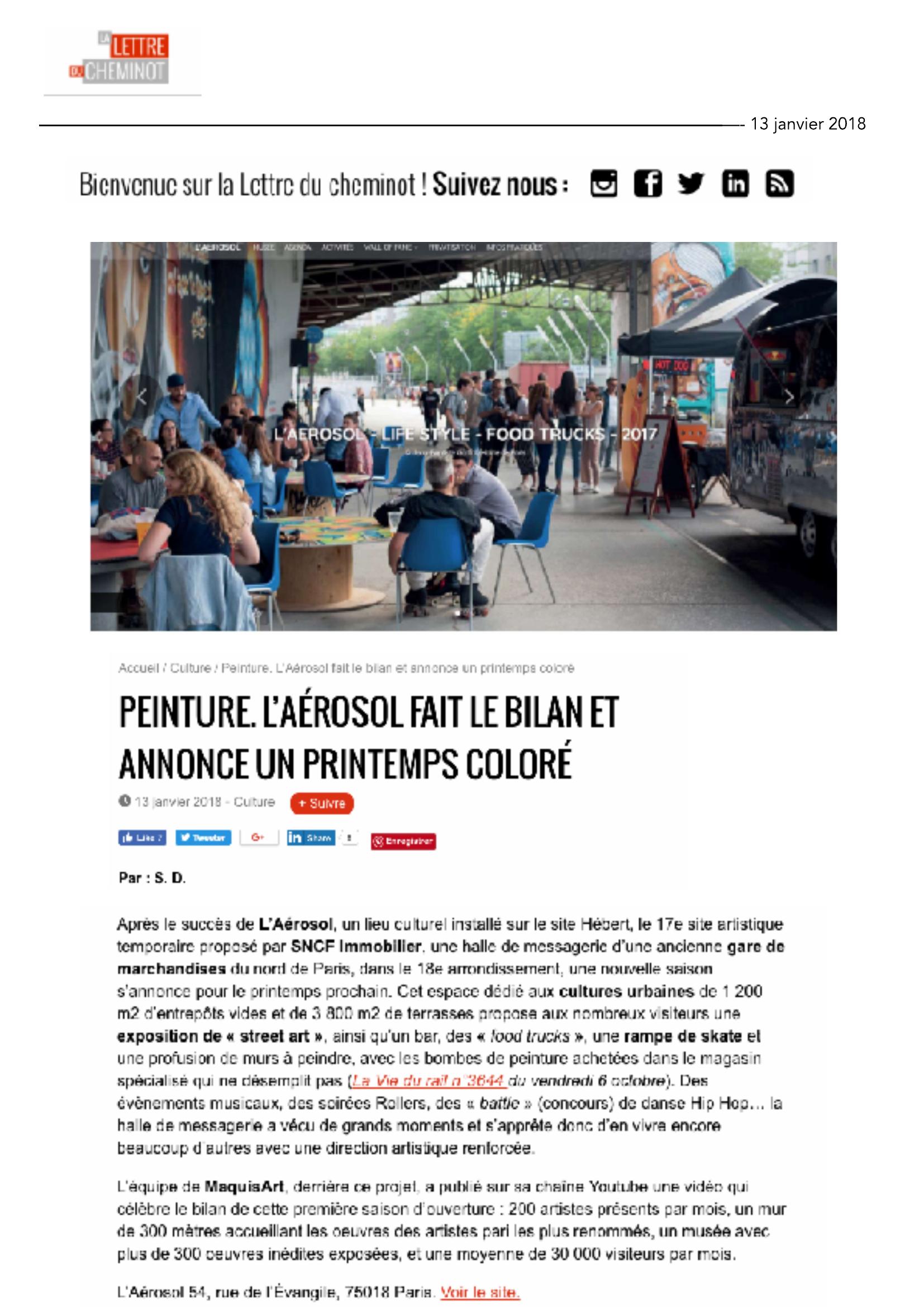 Peinture. L'Aérosol fait le bilan et annonce un printemps coloré (La Lettre du Cheminot) – 14 janvier 2018