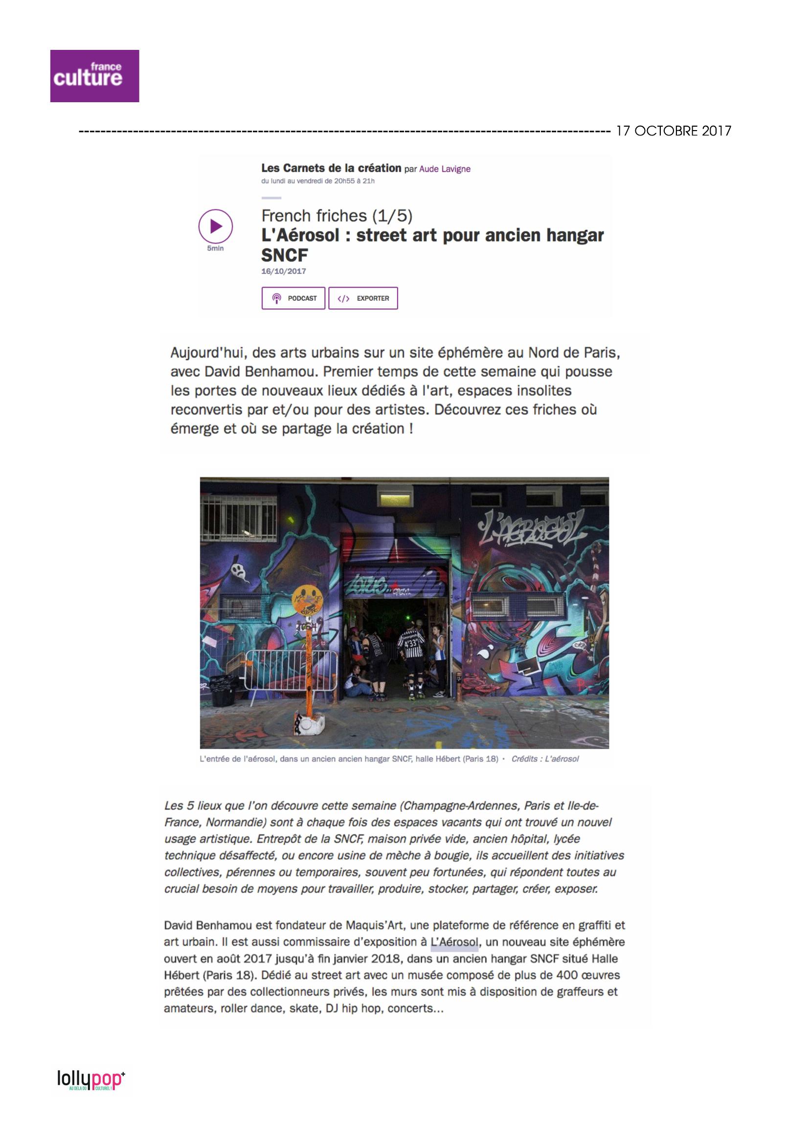 L'Aérosol : street-art pour ancien hangar SNCF (France Culture) – 18 octobre 2017