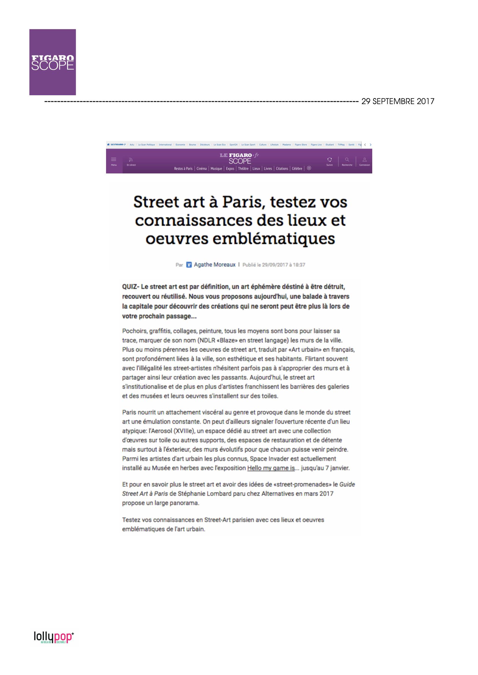 Street Art à Paris, testez vos connaissances des lieux et œuvres emblématiques (Figaro Scope) – 30 septembre 2017