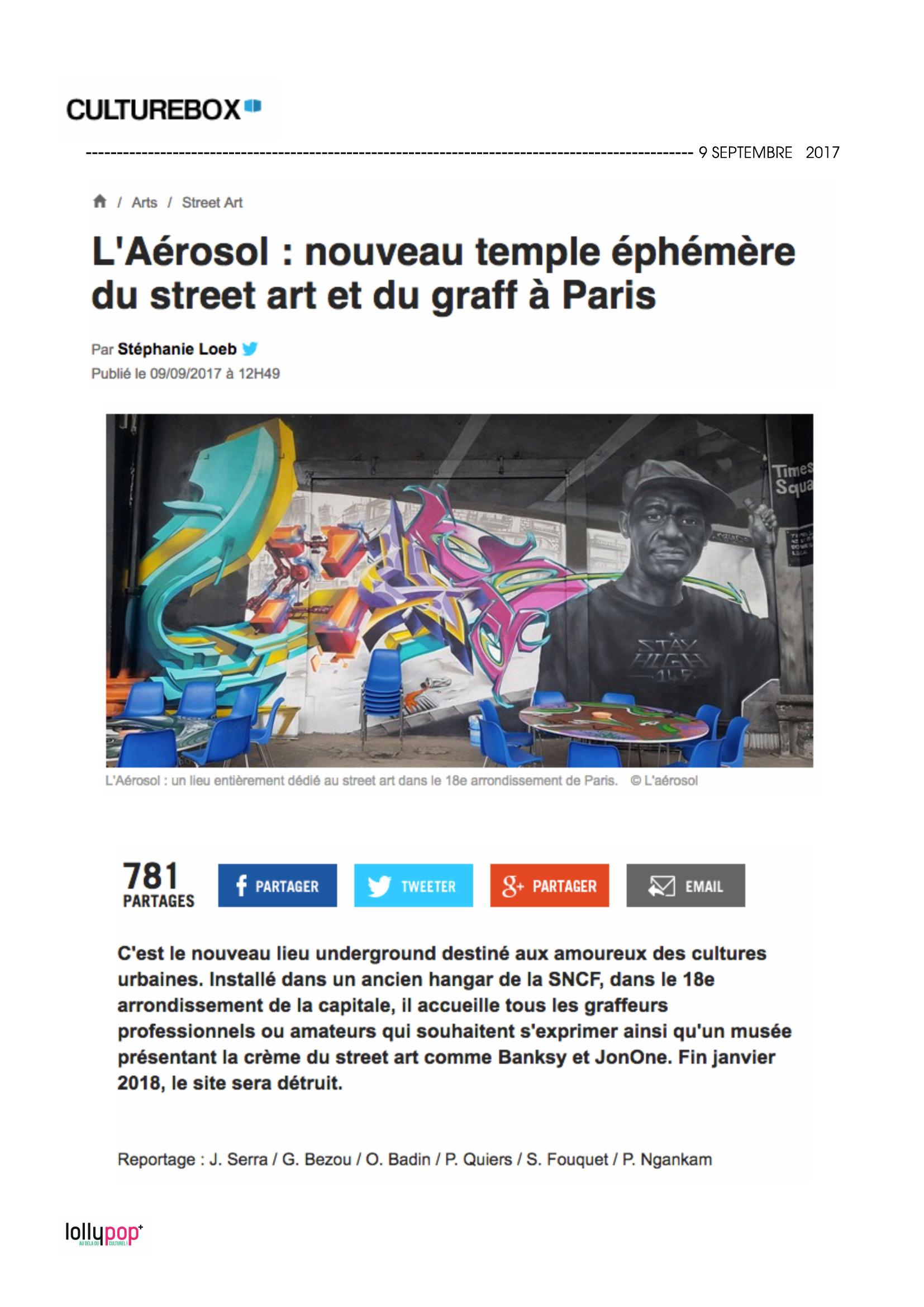 L'Aérosol : nouveau temple éphémère du street art et du graff à Paris (Culture Box) – 10 septembre 2017