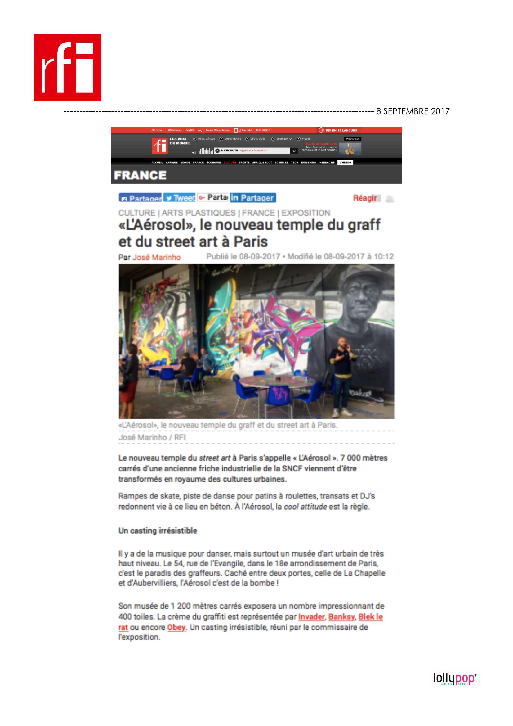 L'Aérosol, le nouveau temple du graff et du street art à Paris (RFI) – 9 septembre 2017