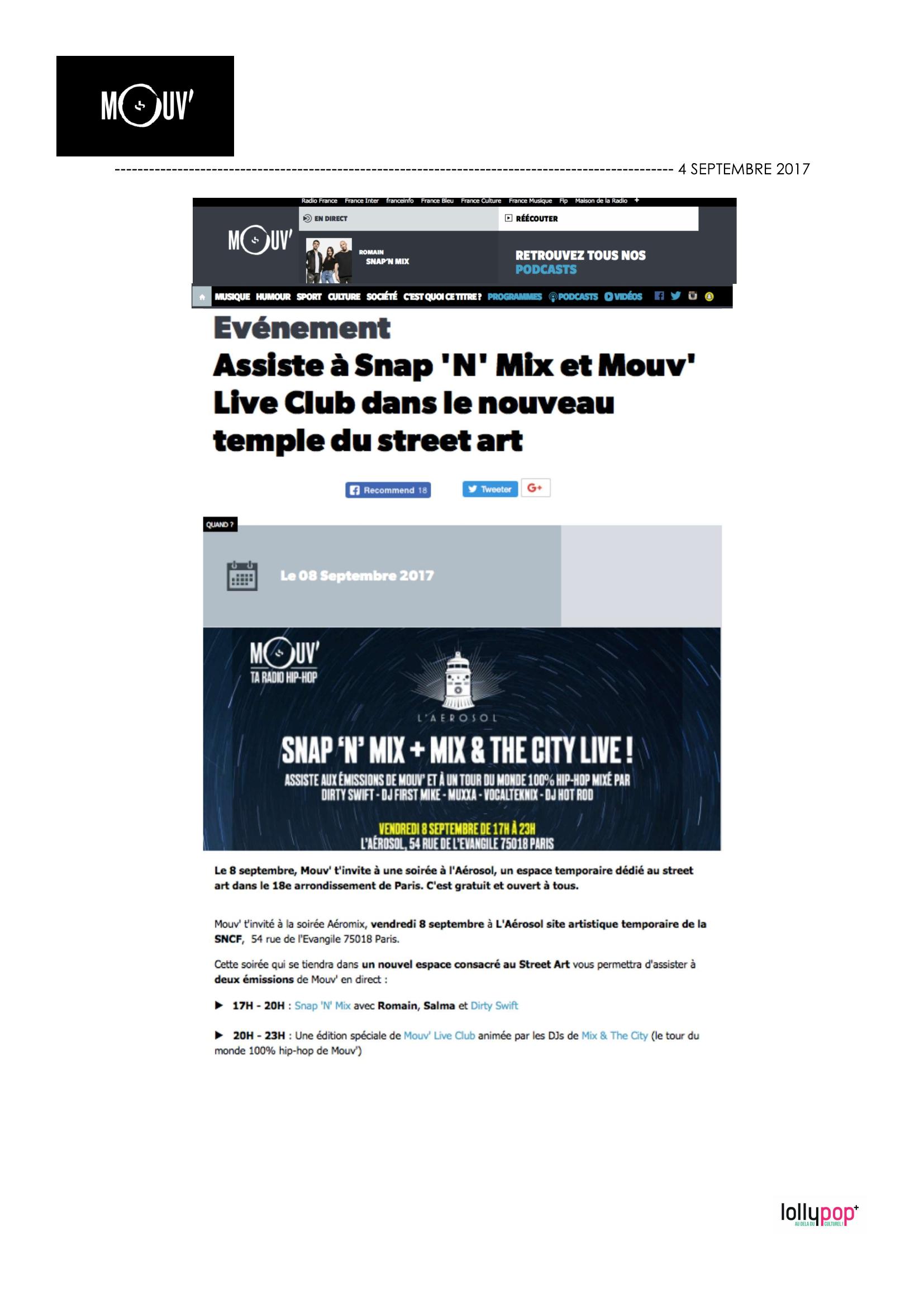 Assiste à Snap'N'Mix et Mouv' Live Club dans le nouveau temple du street art (Mouv') – 5 septembre 2017