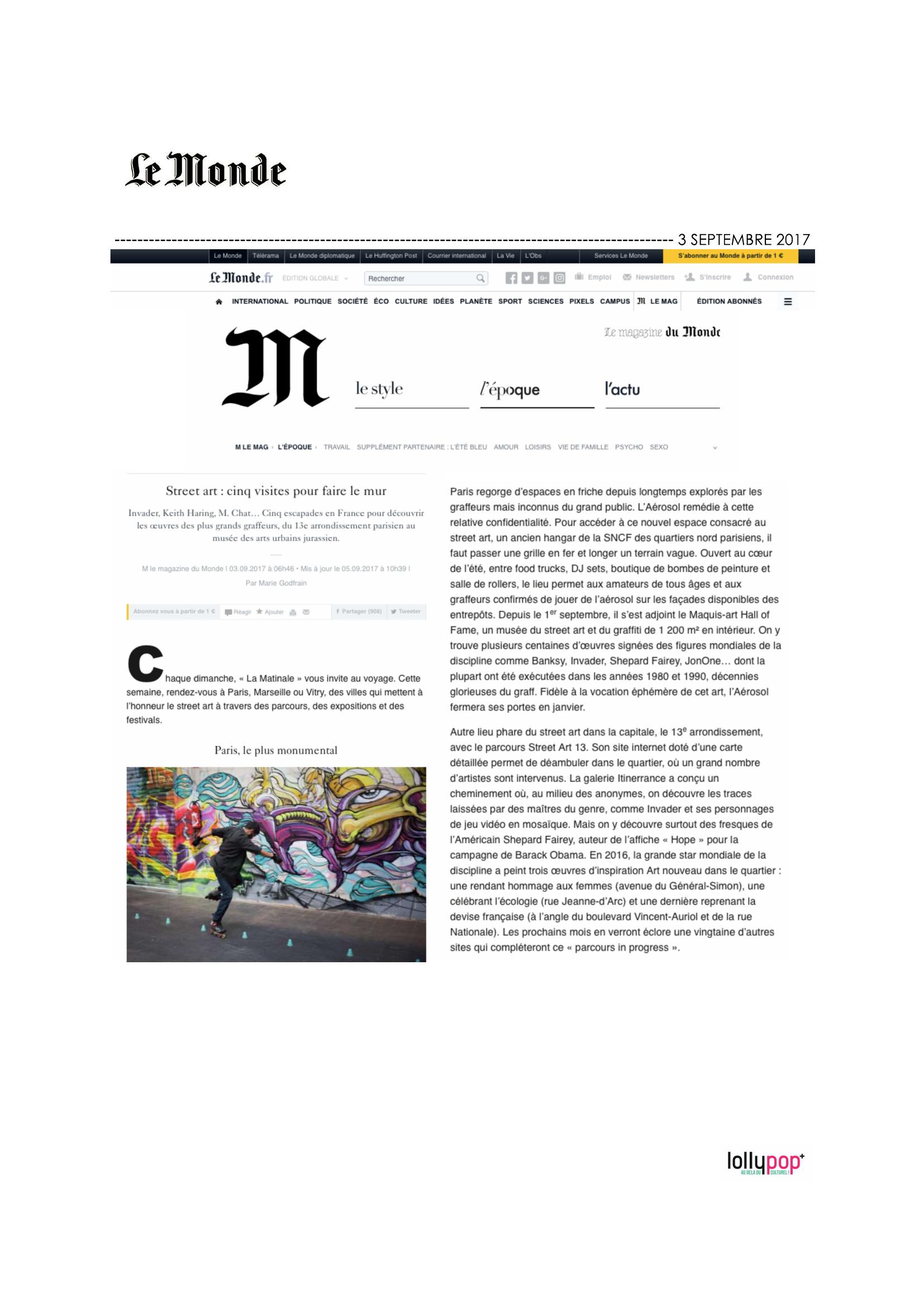 Street art : cinq visites pour faire le mur (Le Monde) – 4 septembre 2017