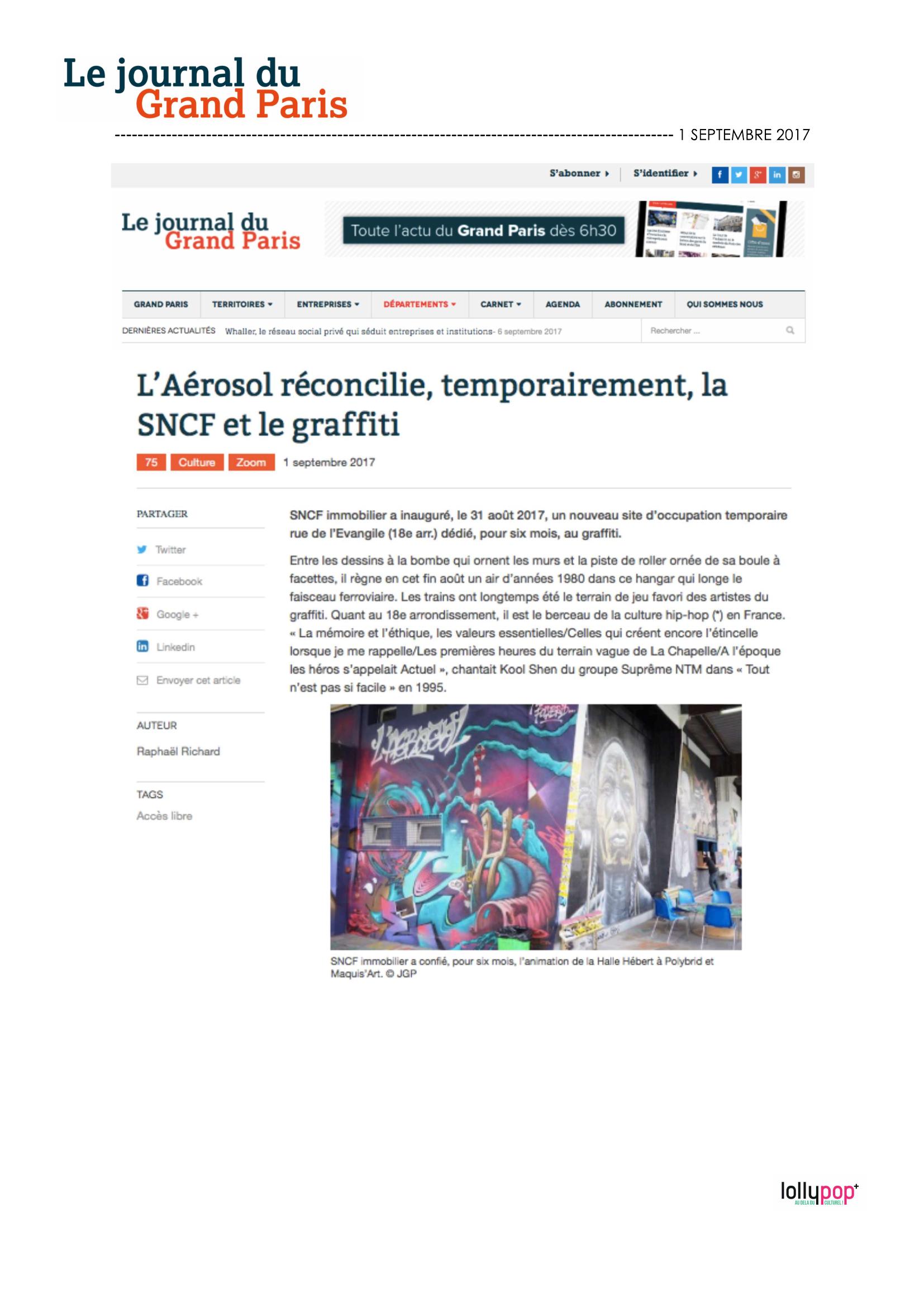 L'Aérosol réconcilie, temporairement la SNCF et le graffiti (Le journal du Grand Paris) – 2 septembre 2017