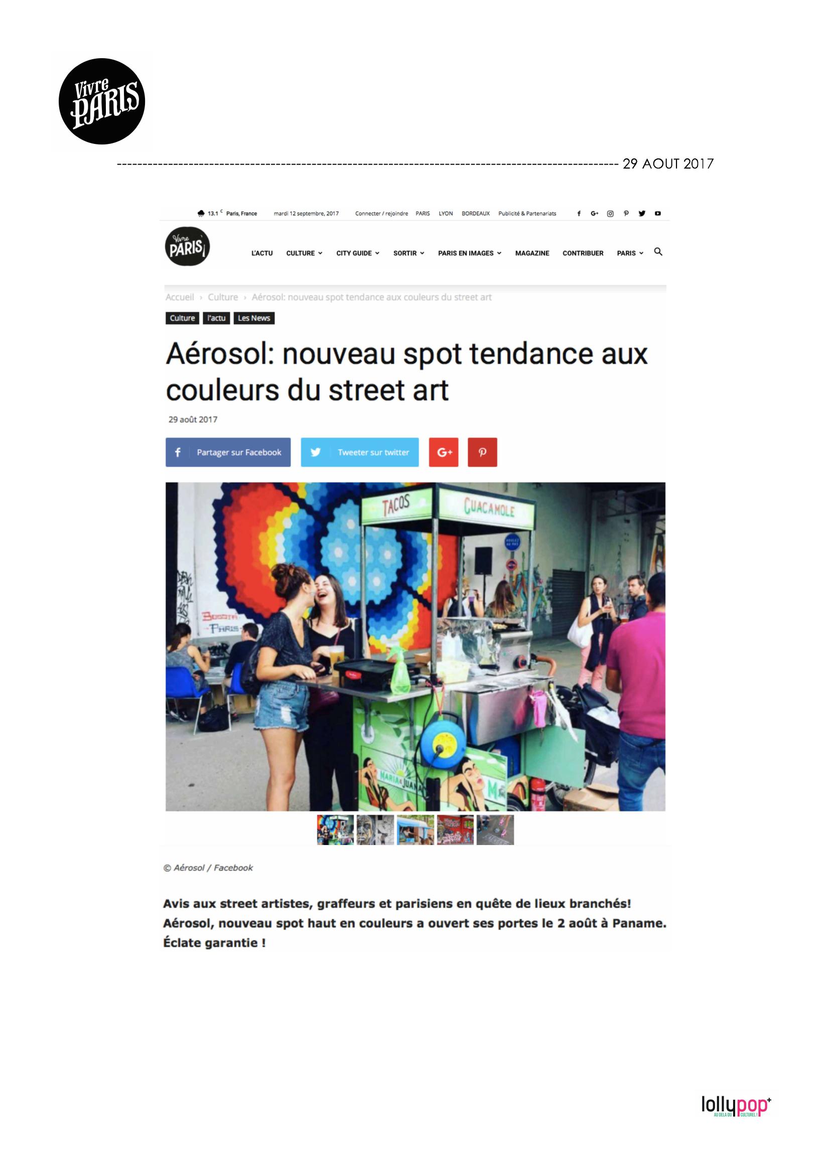 Aérosol : nouveau spot tendance aux couleurs du street art (Vivre Paris) – 30 août 2017
